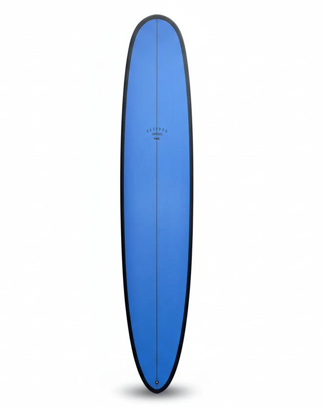 Blue surfboard with black rails on a white background