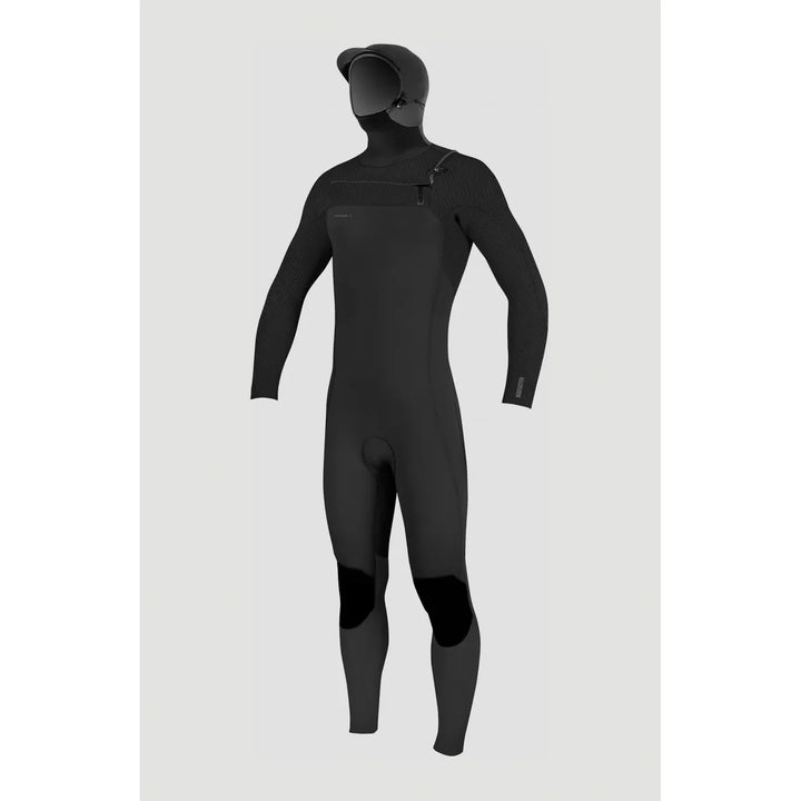 Black wetsuit with a hood on a light grey background