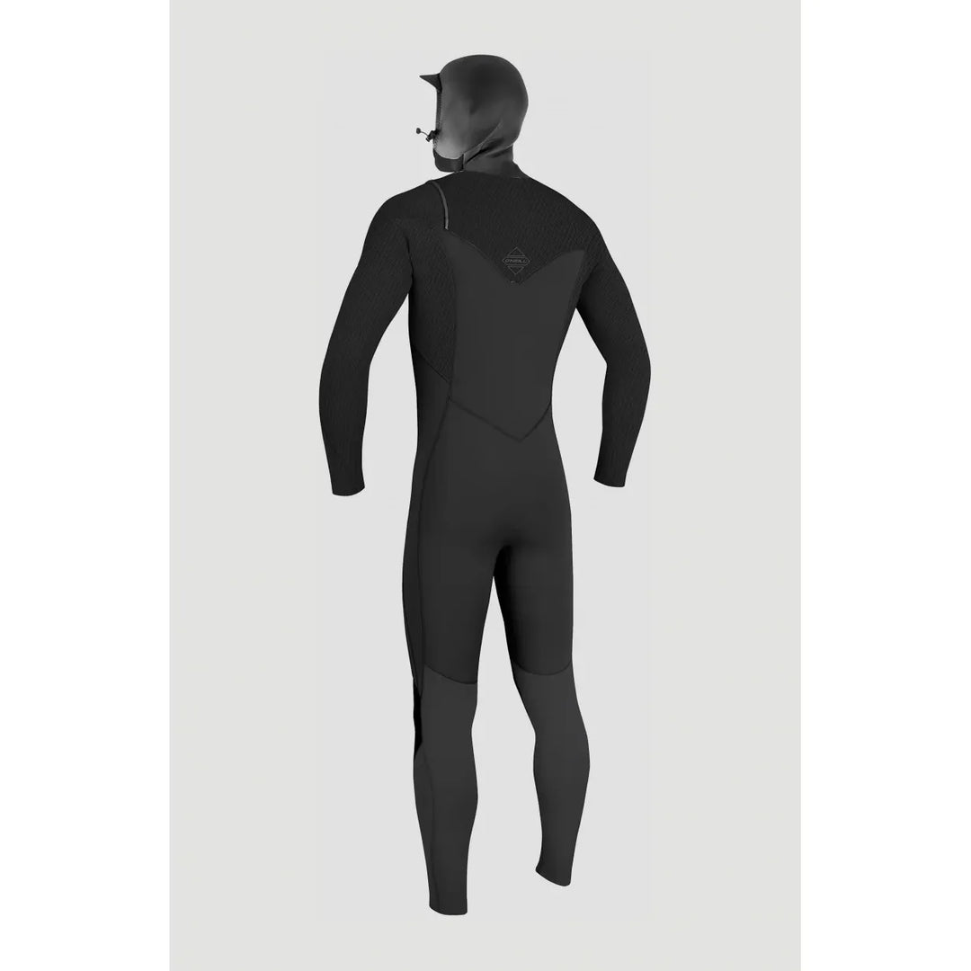Black wetsuit with a hood on a light grey background