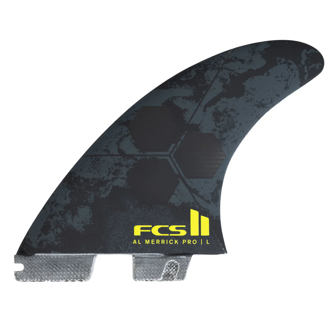 Black surfboard fin with yellow branding on a white background