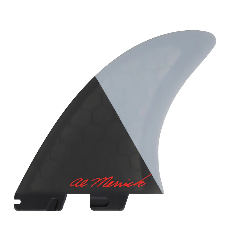 Black and grey surfboard fin with 'Al Merrick' branding on a white background