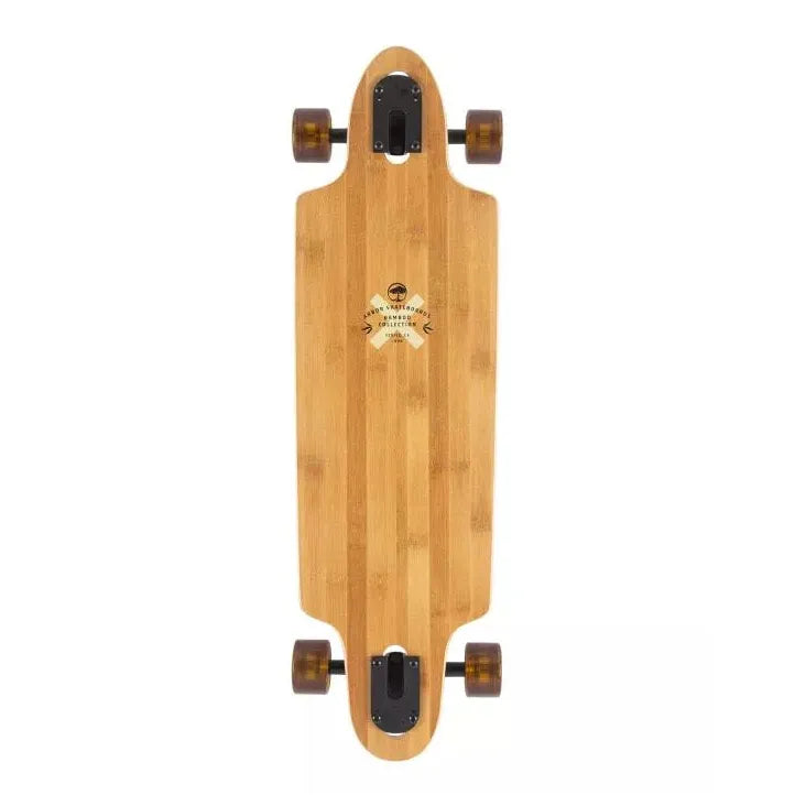 Wooden skateboard deck with a logo on a white background