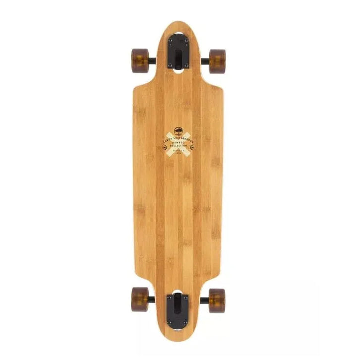 Wooden skateboard deck with a logo on a white background