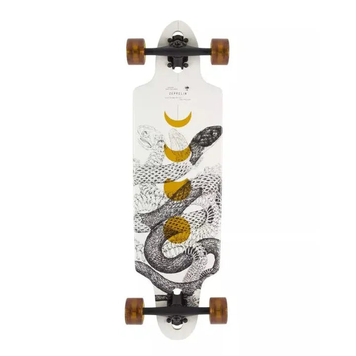 Skateboard with snake and moon design on a white background