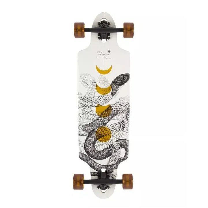 Skateboard with snake and moon design on a white background