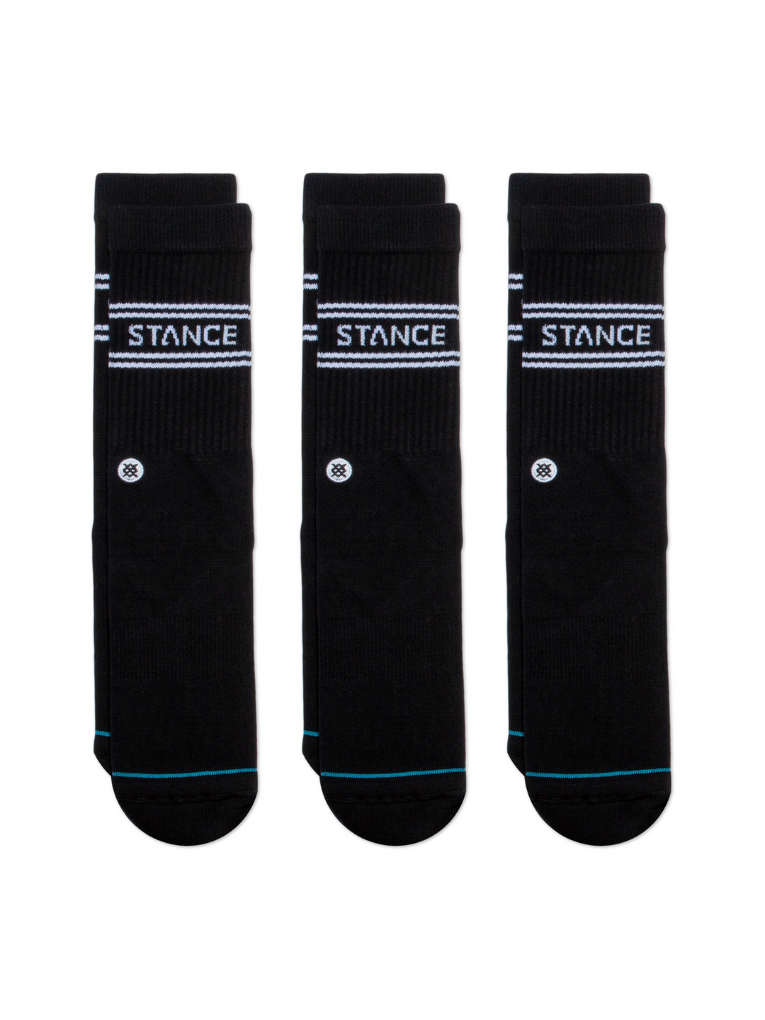 Three pairs of black socks with white "STANCE" logos and embroidered circular icon