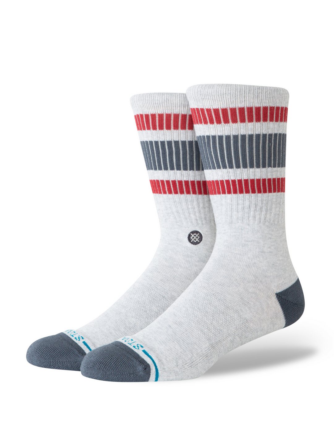 STANCE BOYD Pop Stitch crew socks in Heather Grey with red and dark grey cuff stripes, shown at an angle