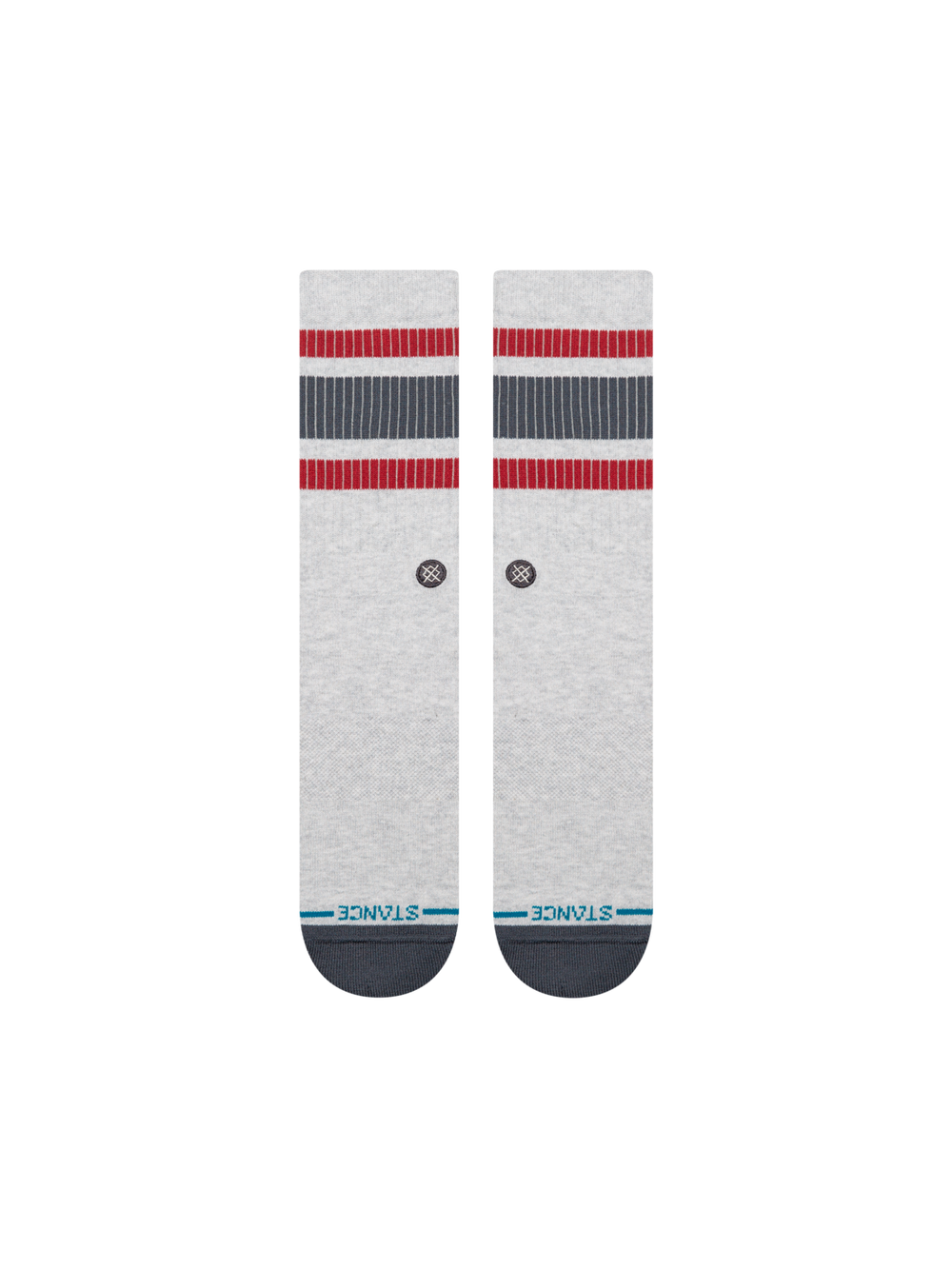 STANCE BOYD Pop Stitch crew socks in Heather Grey laid flat, showing red and dark grey cuff stripes and dark grey toes