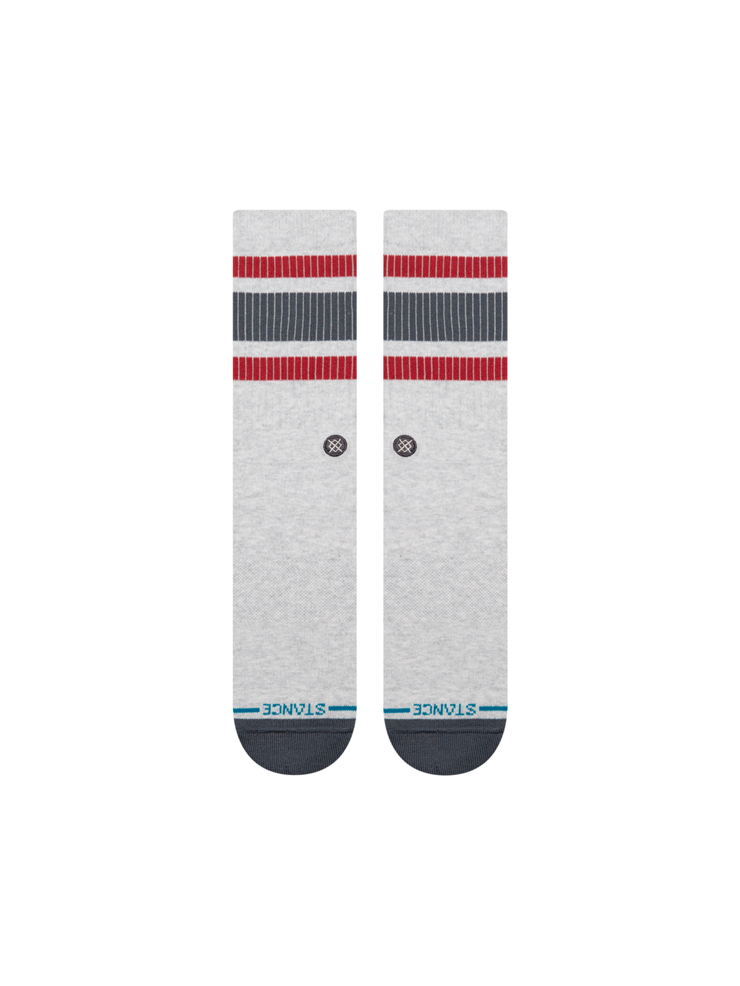 STANCE BOYD Pop Stitch crew socks in Heather Grey laid flat, showing red and dark grey cuff stripes and dark grey toes
