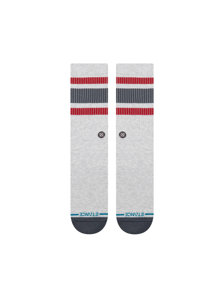 STANCE BOYD Pop Stitch crew socks in Heather Grey laid flat, showing red and dark grey cuff stripes and dark grey toes