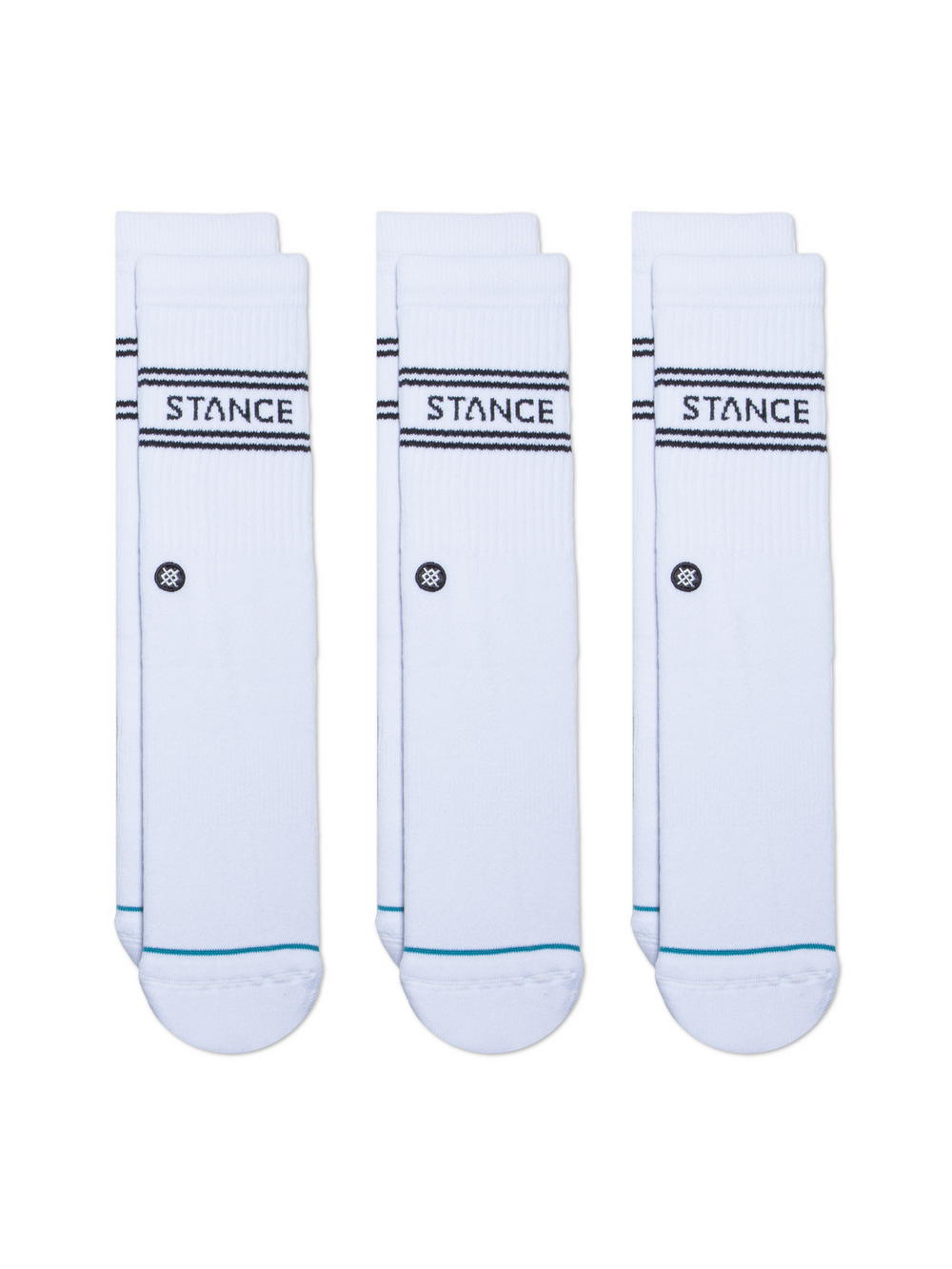 Three pairs of white socks with black "STANCE" logos and embroidered circular icon