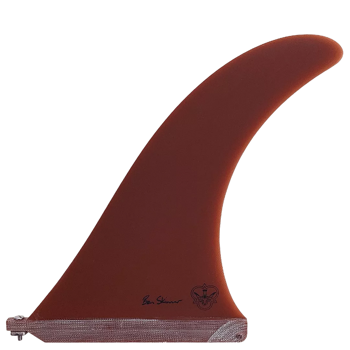 Brown surf fin with branding on a white background