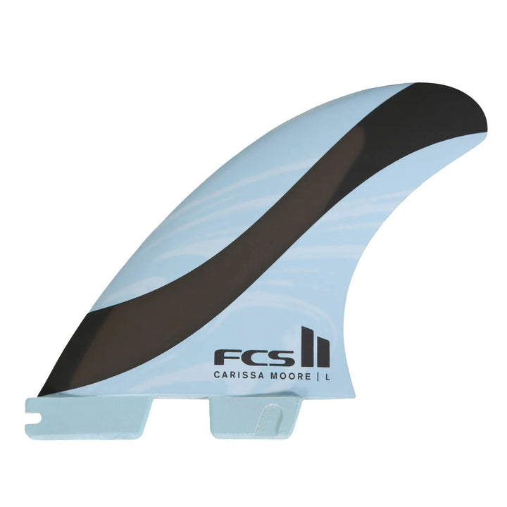 Light blue and black surf fin with FCS branding on a white background