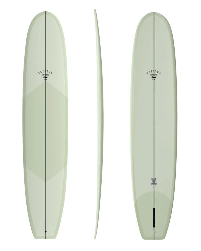 Two views of a light green surfboard on a white background