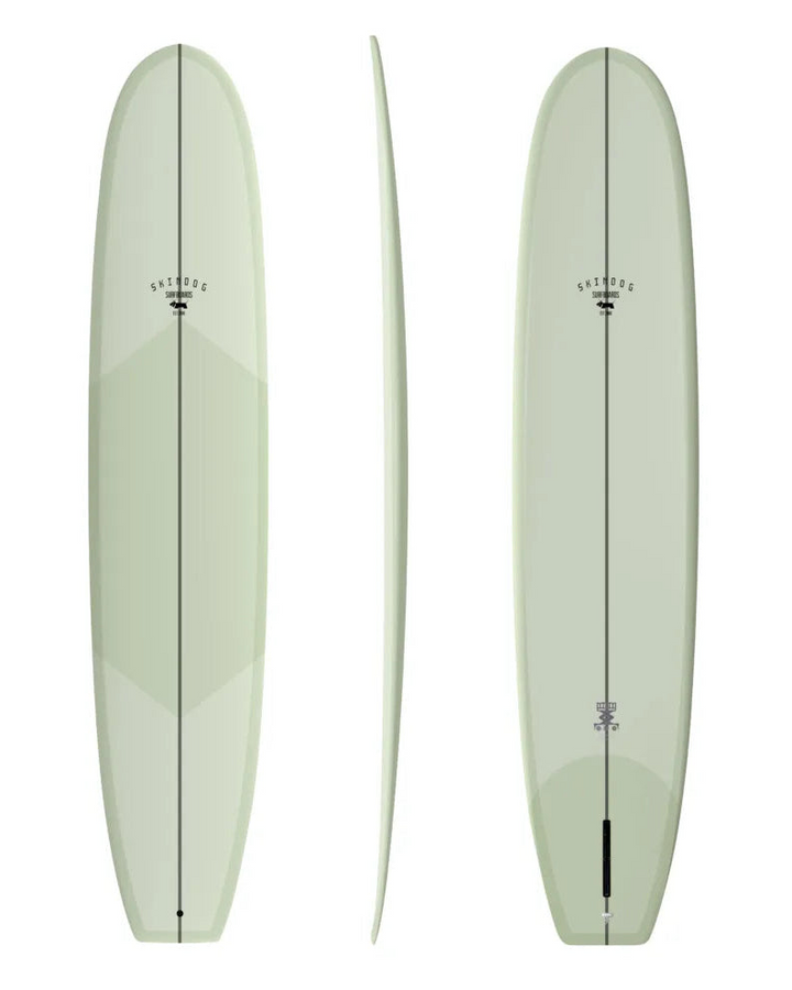 Two views of a light green surfboard on a white background