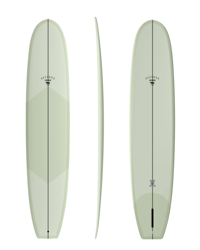 Two views of a light green surfboard on a white background