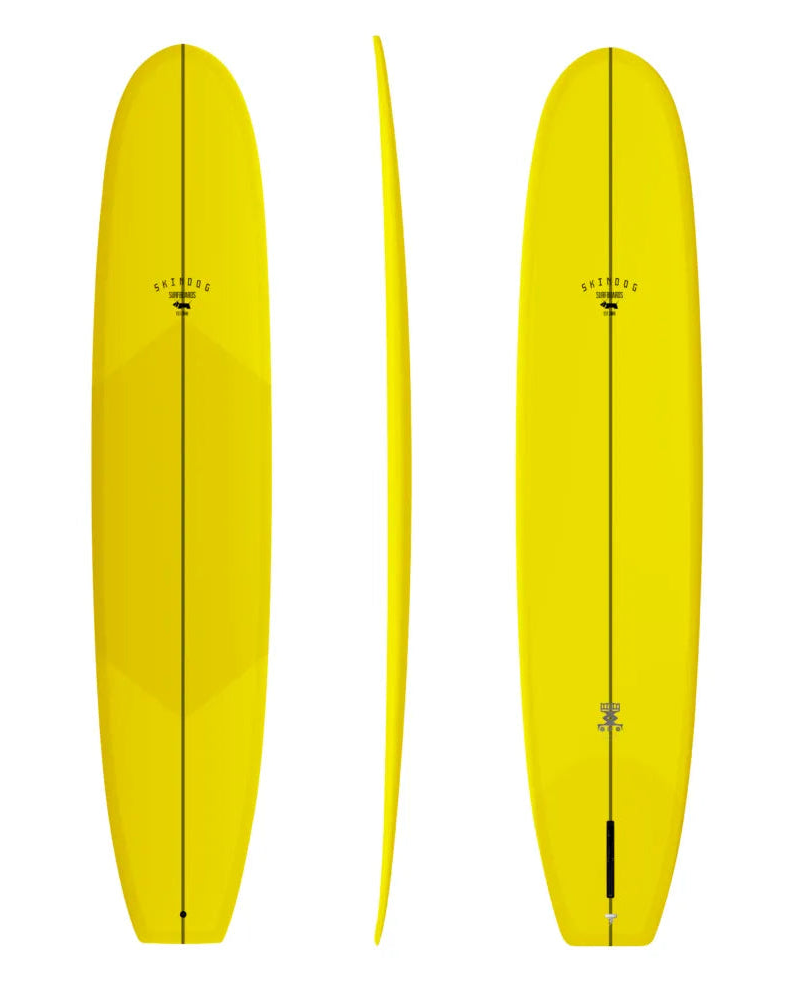 Bright yellow Skindog longboard shown from multiple angles on a white background