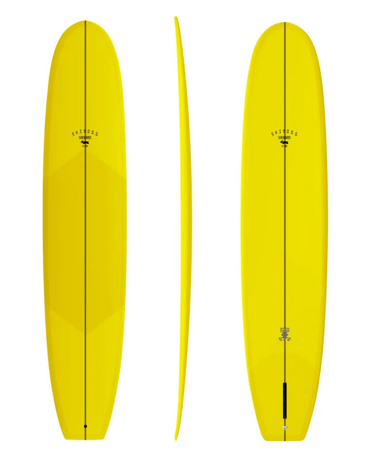 Bright yellow Skindog longboard shown from multiple angles on a white background