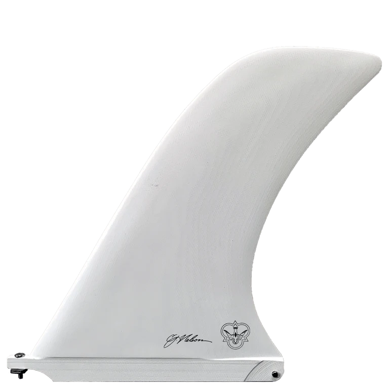 White surfboard fin with branding on a white background