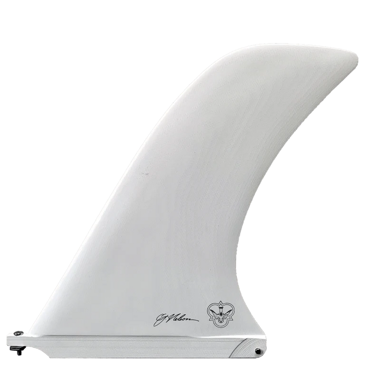 White surfboard fin with branding on a white background