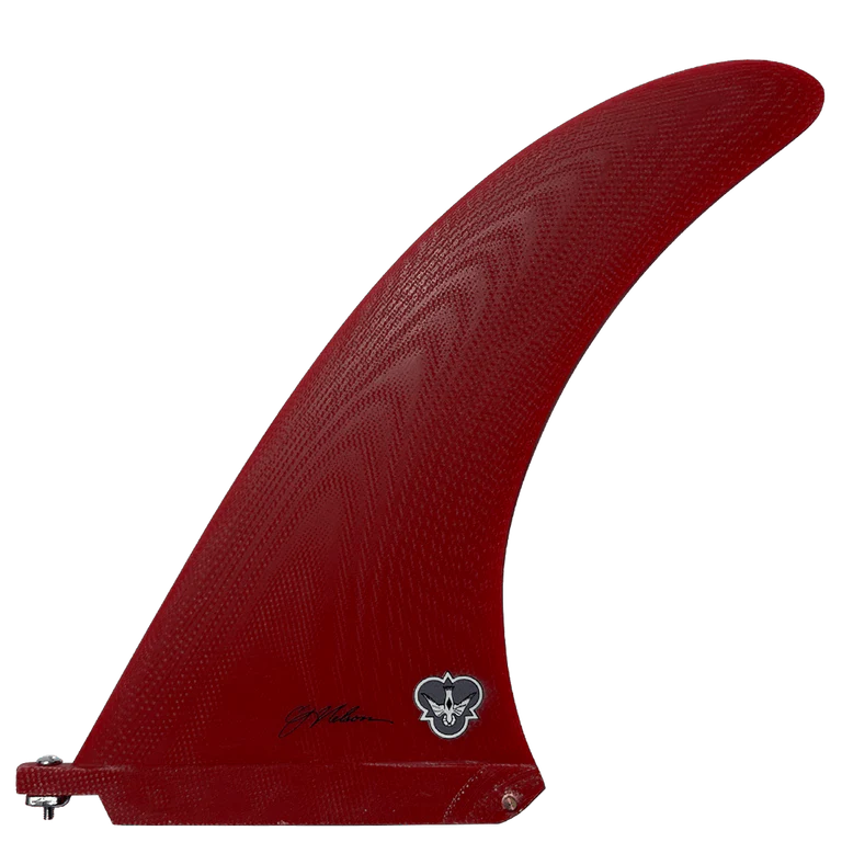 Red surf fin with a logo on a white background