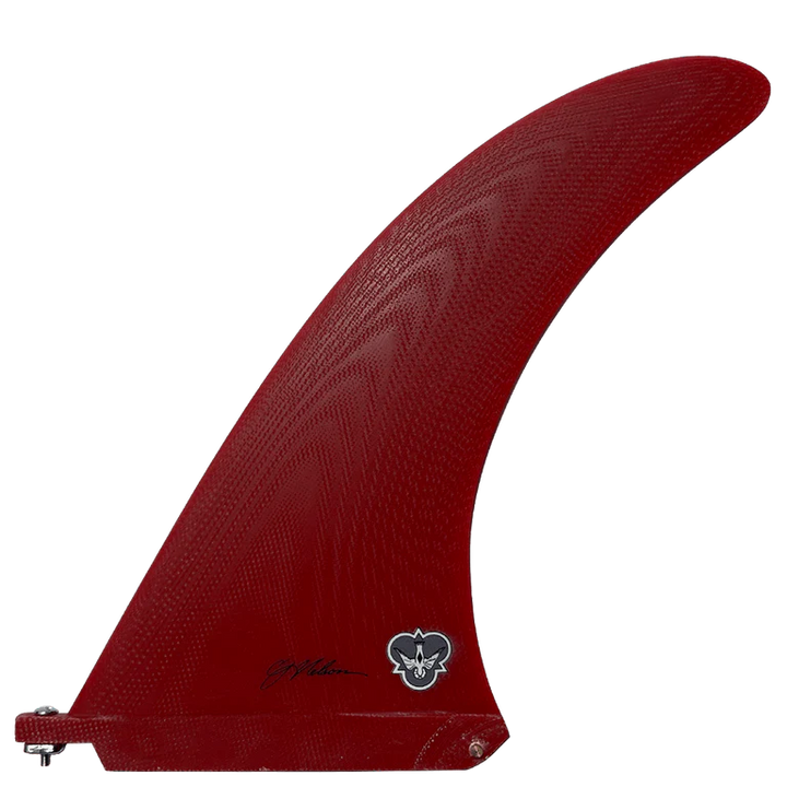 Red surf fin with a logo on a white background