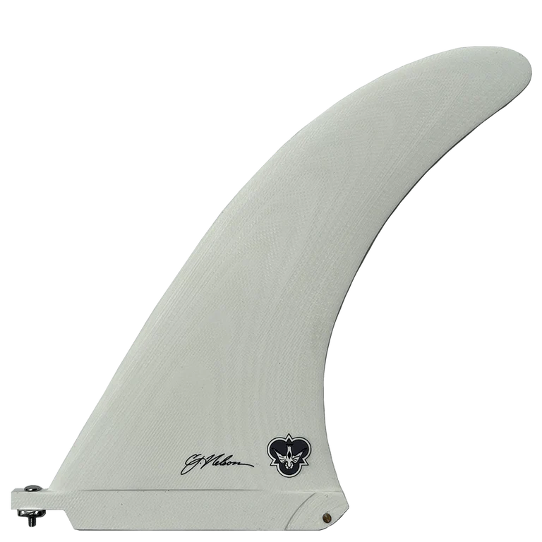 White surfboard fin with branding on a white background