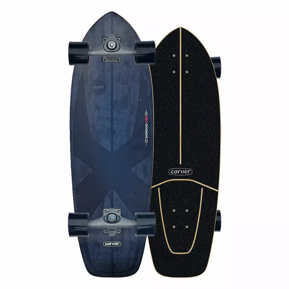 Two longboards, one blue and one black, on a white background