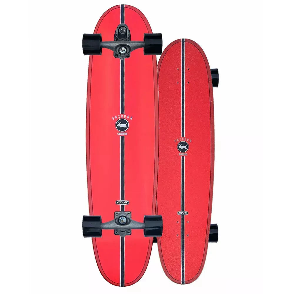 Red skateboard with black trucks and wheels on a white background