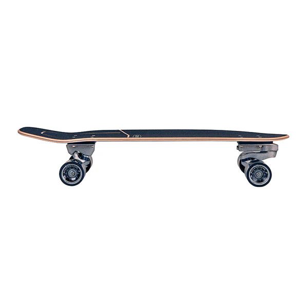 Carver skateboard with a wooden deck and four wheels on a white background