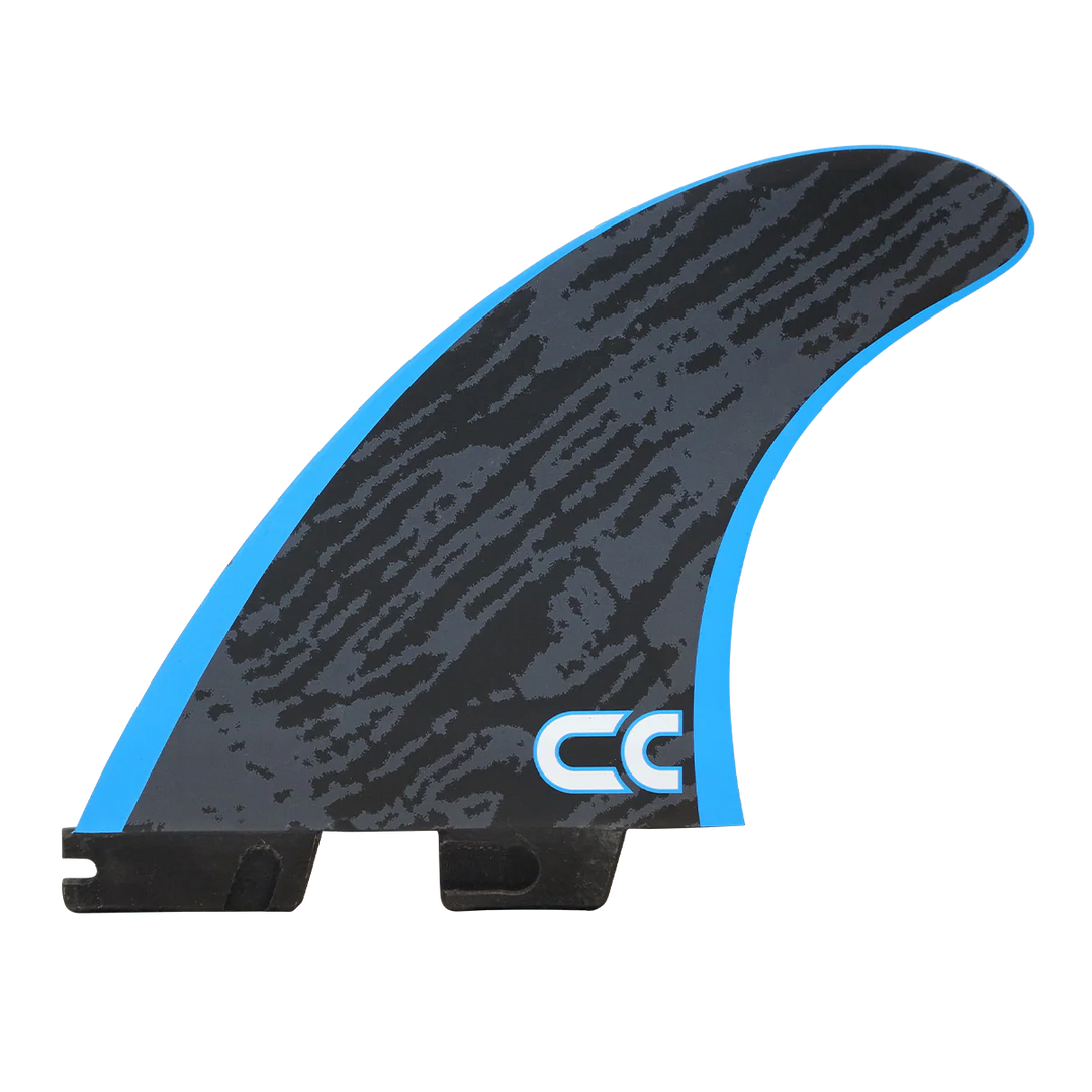 Black and blue surfboard fin with a brand logo on a white background