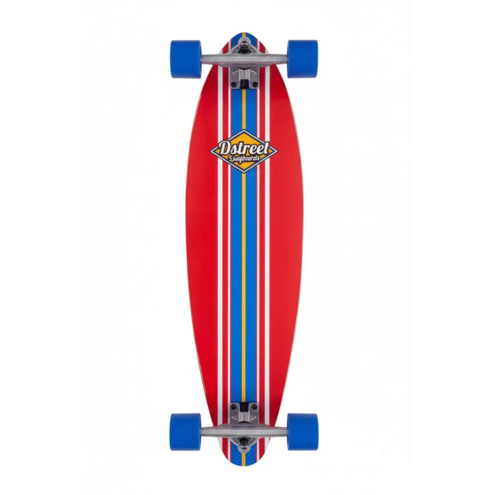 Red skateboard with blue and yellow stripes and a visible brand logo on a white background