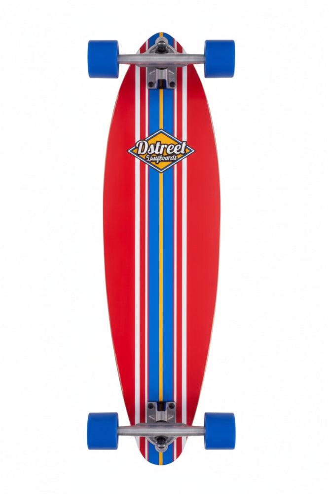 Red skateboard with blue and yellow stripes and a visible brand logo on a white background