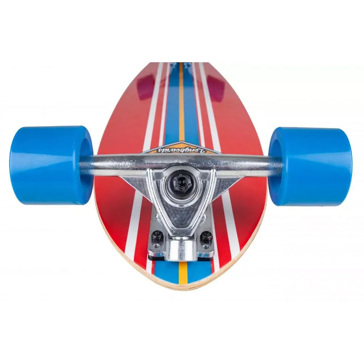 Skateboard with red and white design and blue wheels on a white background