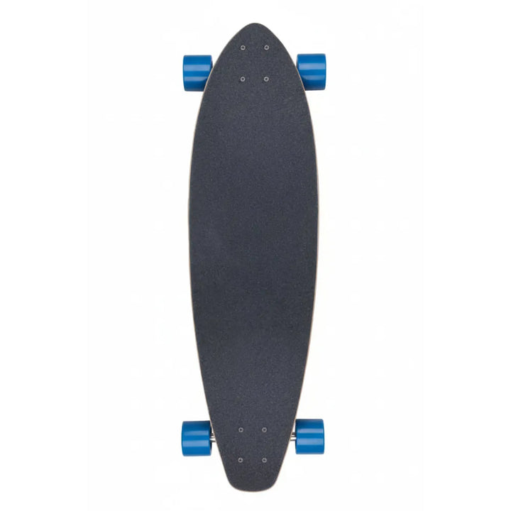 Longboard with a black deck and blue wheels on a white background
