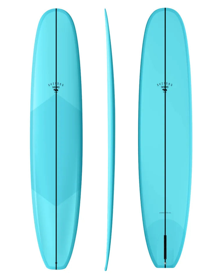 Three views of a blue surfboard on a white background