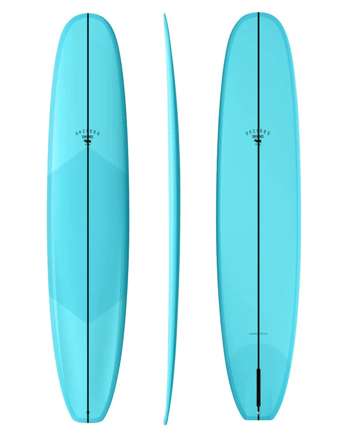 Three views of a blue surfboard on a white background