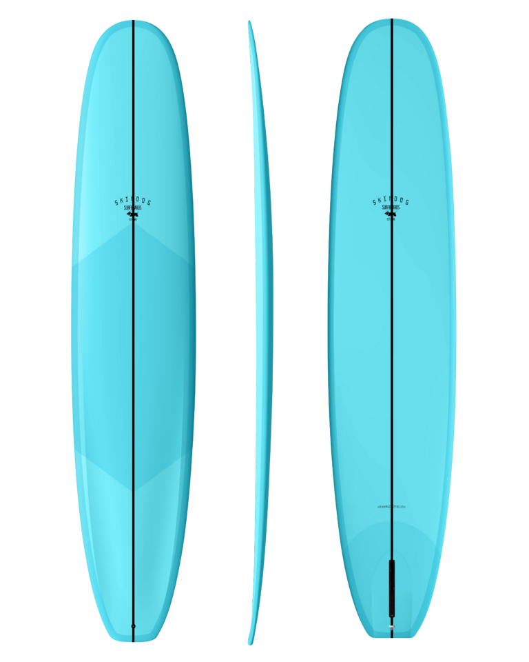 Three views of a blue surfboard on a white background