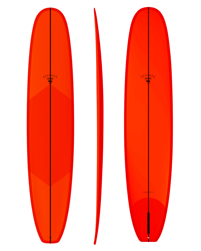 Red surfboard with black lines on a white background
