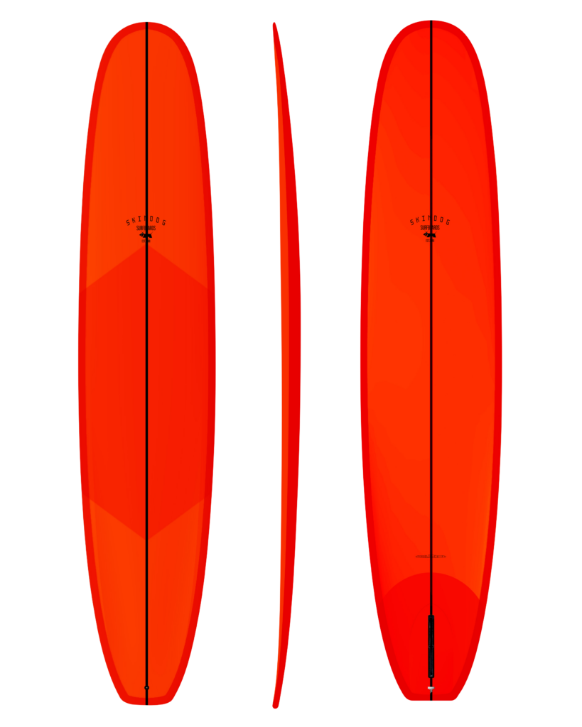Red surfboard with black lines on a white background