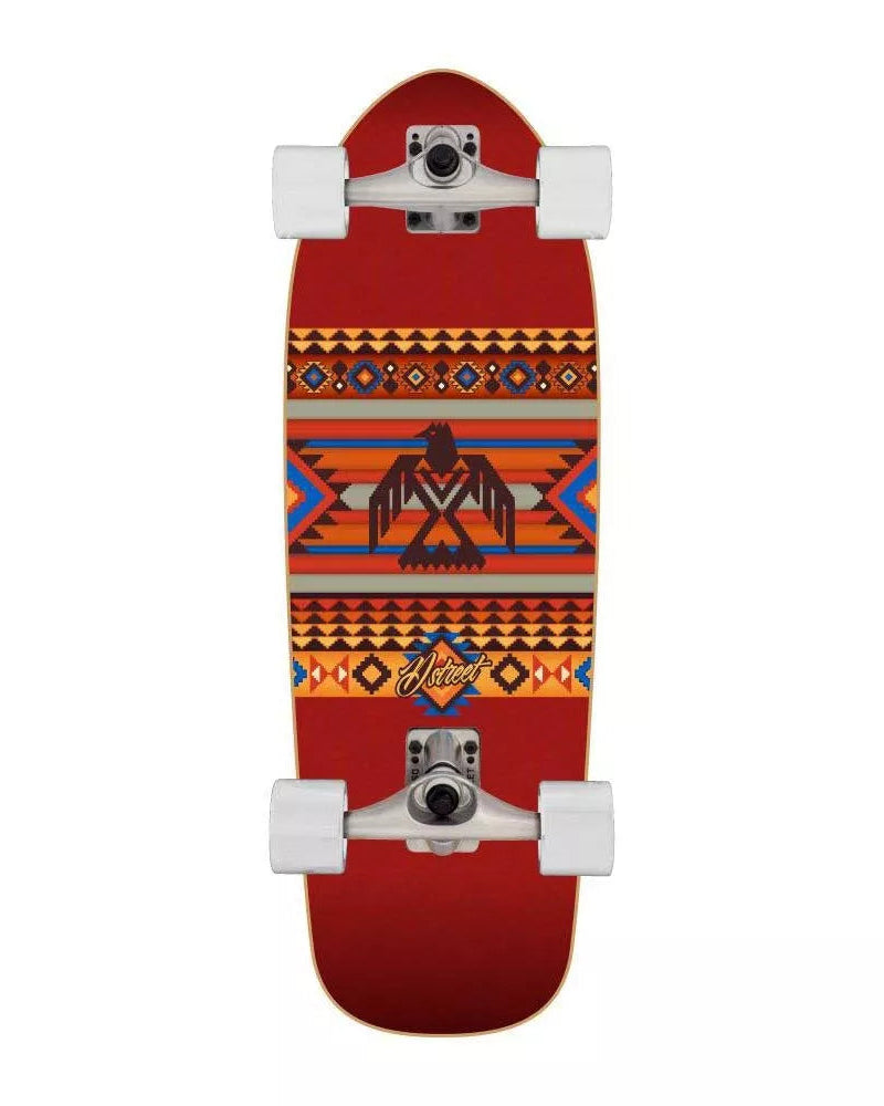 Skateboard with a red deck featuring an tribal pattern on a white background