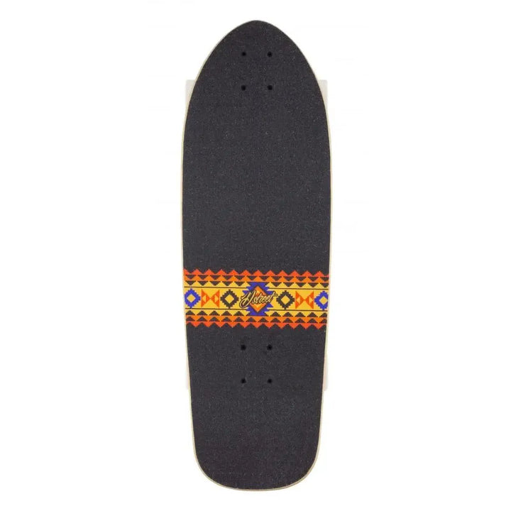 Black skateboard deck with a colorful pattern and brand logo on a white background