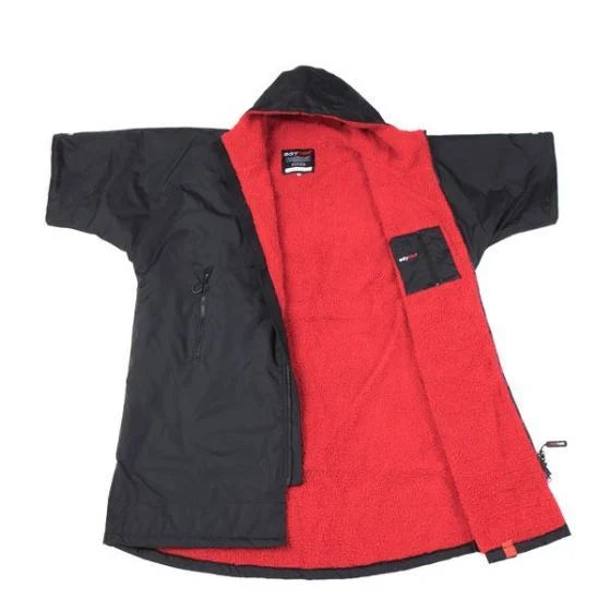 Black and red Dryrobe with a hood on a white background