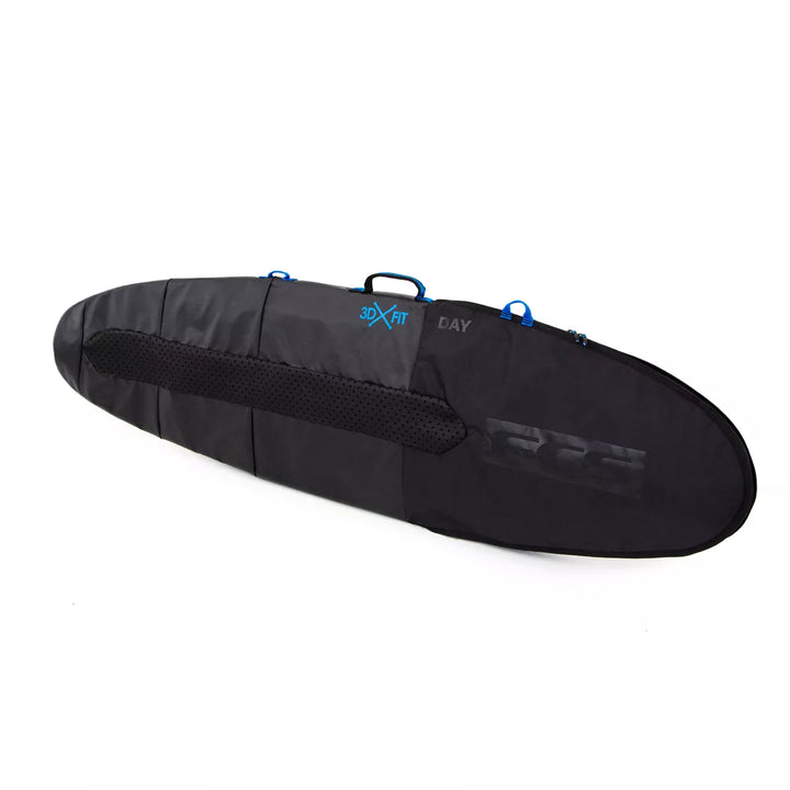 Black FCS surfboard bag with blue 3DX FIT branding on a white background