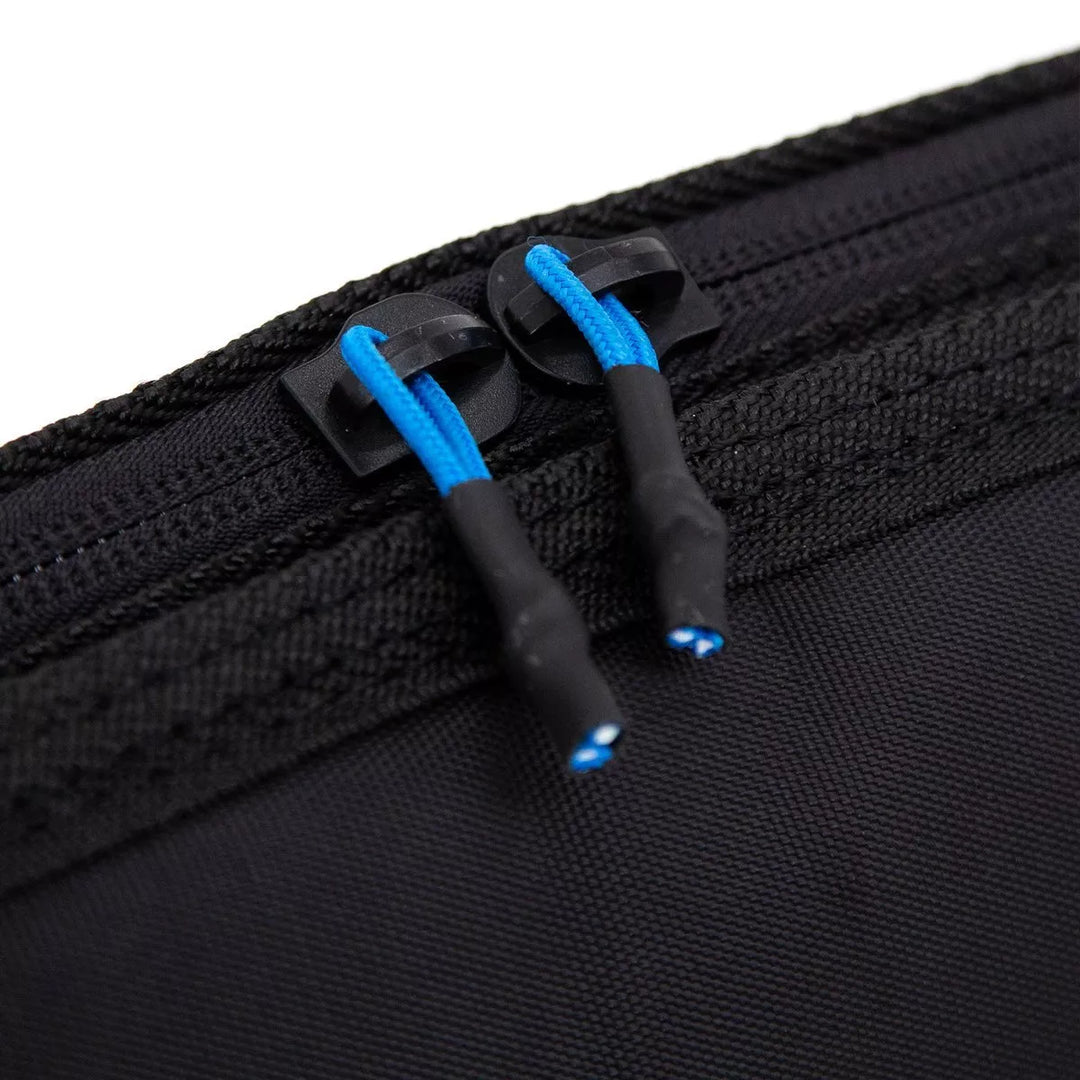 Close-up of a black zipped surfboard bag with blue zip toggles on a white background