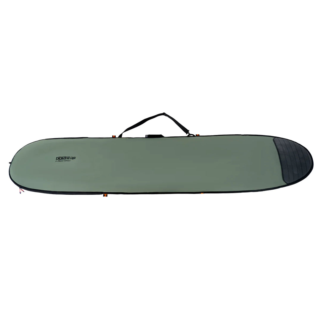 Green surfboard bag with a handle on a white background