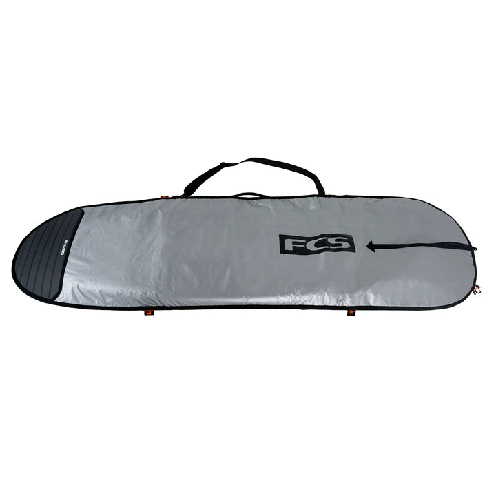 Silver surfboard bag with FCS logo on a white background