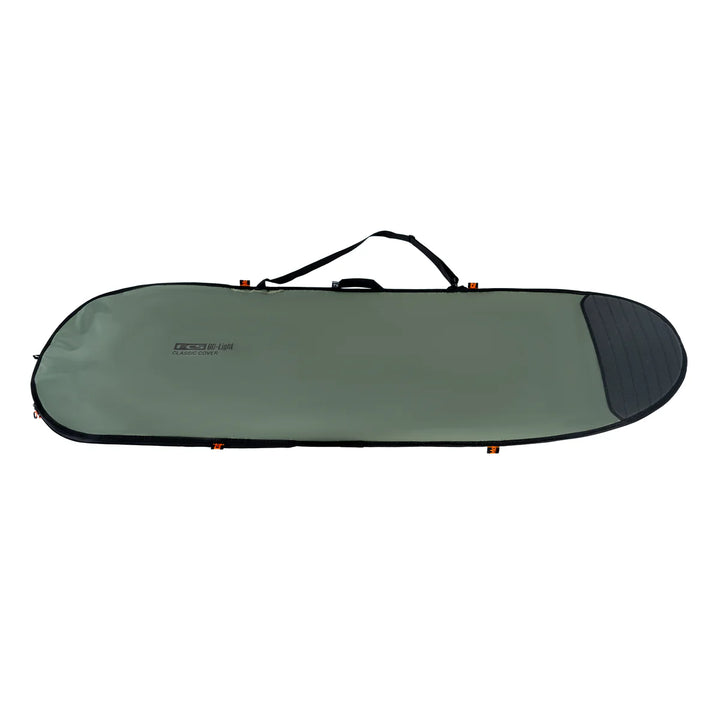 Green surfboard bag with a handle on a white background