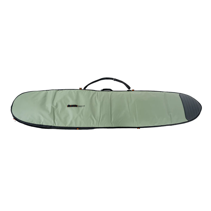 Green and black surfboard bag on a white background