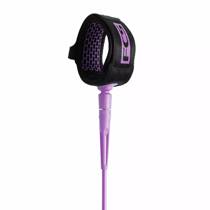 Purple surfboard leash with black strap and purple logo on a white background